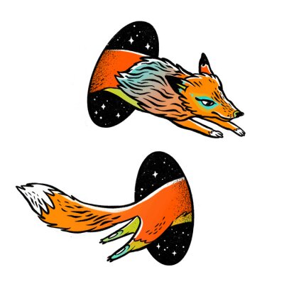 Sticker  Fox in magic teleport. Fantasy hand drawn illustration.