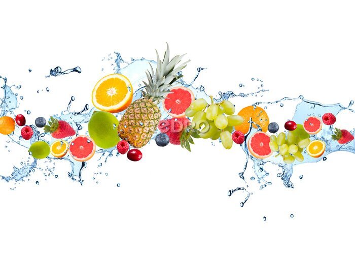 Sticker  Frais, fruits, tomber, eau, éclaboussure, isolé, blanc, fond