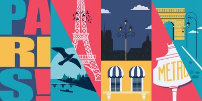 Sticker  France vector skyline illustration, postcard. Travel to French capital Paris modern flat graphic design