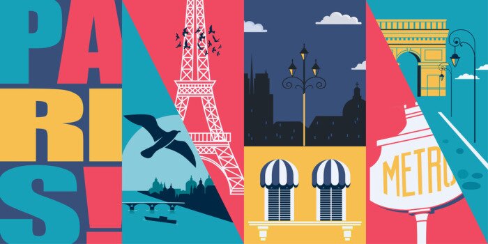 Sticker  France vector skyline illustration, postcard. Travel to French capital Paris modern flat graphic design