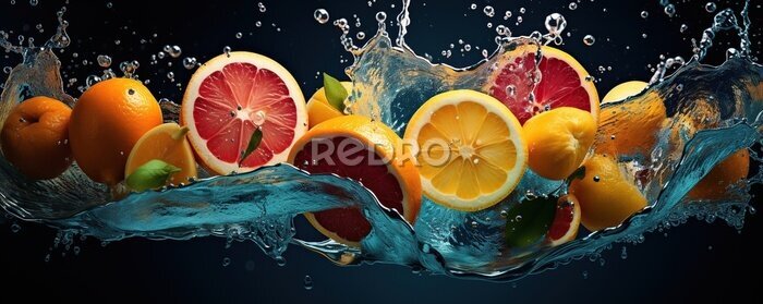 Sticker  Fresh citrus fruits, water splash on blue background.
