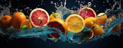 Sticker  Fresh citrus fruits, water splash on blue background.