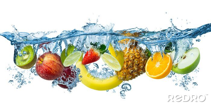 Sticker  fresh multi fruits splashing into blue clear water splash healthy food diet freshness concept isolated white background