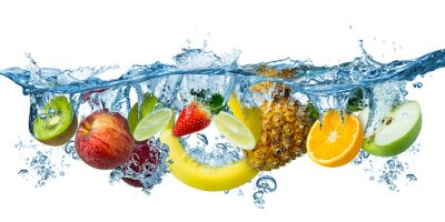 Sticker  fresh multi fruits splashing into blue clear water splash healthy food diet freshness concept isolated white background