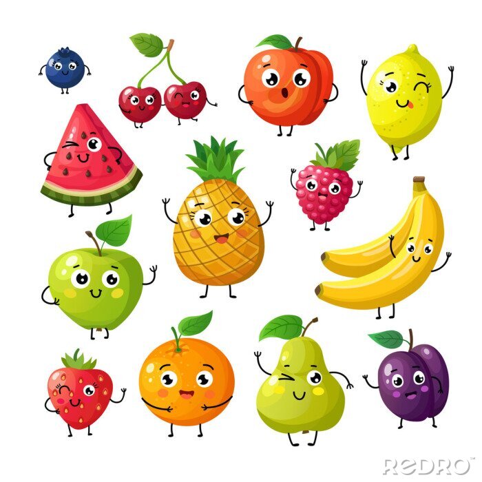 Sticker  Fruits drôles de dessin animé. Joyeux kiwi banane cerise orange framboise avec visage. Fruits d'été et baies vectorielles caractères isolés sur blanc. Illustration de kiwi aux fruits et banane, orange