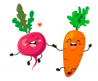 Sticker  Funny carrot and radish in cartoon style. Vector isolates on a white background.