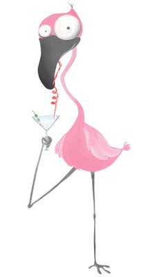 Sticker  Funny flamingo with cocktail. Hand drawn illustration