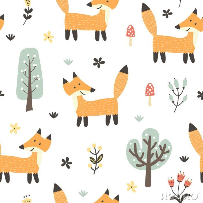 Sticker  Funny fox seamless pattern. Forest background in childish style