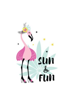 Sticker  Funny illustration with pink flamingo