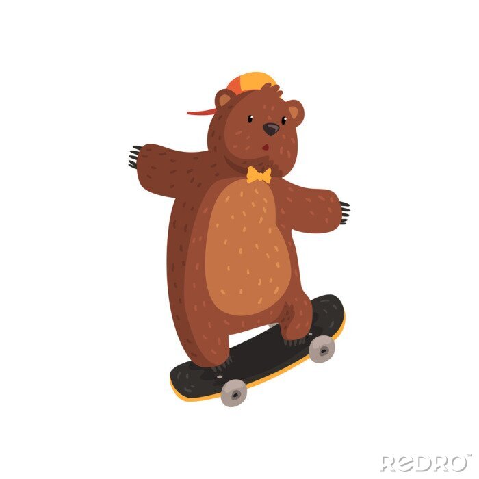 Sticker  Funny teen bear en chapeau orange et noeud papillon faisant trick kickflip sur skateboard. Sport extrême. Animal sauvage de dessin animé avec fourrure brune, petites oreilles et pattes avec des griffe