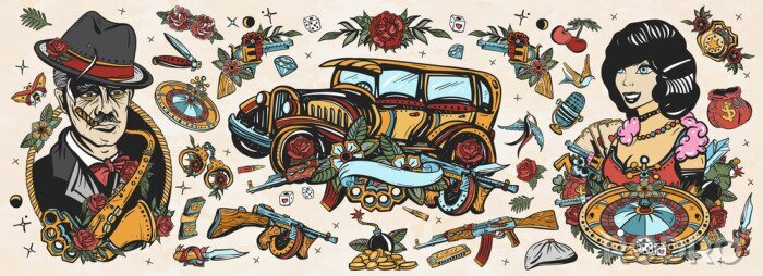 Sticker  Gangsters Old school tattoo collection. Crime boss plays saxophone, retro car, robbers, bandits weapons, croupier pin up girl, casino, cabaret. Noir criminal movie art. Traditional tattooing style