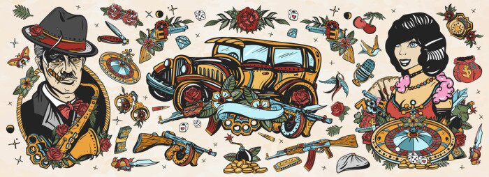 Sticker  Gangsters Old school tattoo collection. Crime boss plays saxophone, retro car, robbers, bandits weapons, croupier pin up girl, casino, cabaret. Noir criminal movie art. Traditional tattooing style