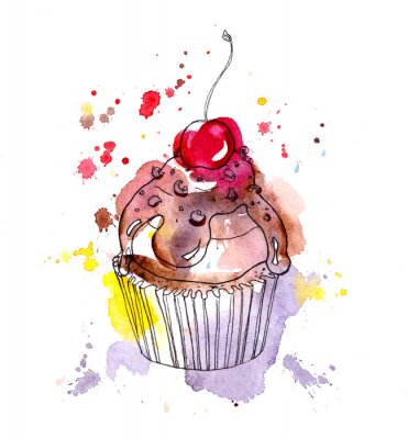 Sticker  Gâteau de gâteau au chocolat et aux cerises. Aquarelle