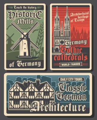 Sticker  Germany travel retro posters, German landmarks and Berlin city buildings, culture and tourism, vector. German Gothic architecture, castles, cathedrals and historic mills, Europe travel destinations