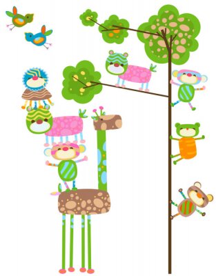 Girafe arc-en-ciel et animaux sur l'arbre