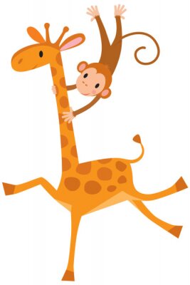 Sticker  Girafe drôle avec le singe
