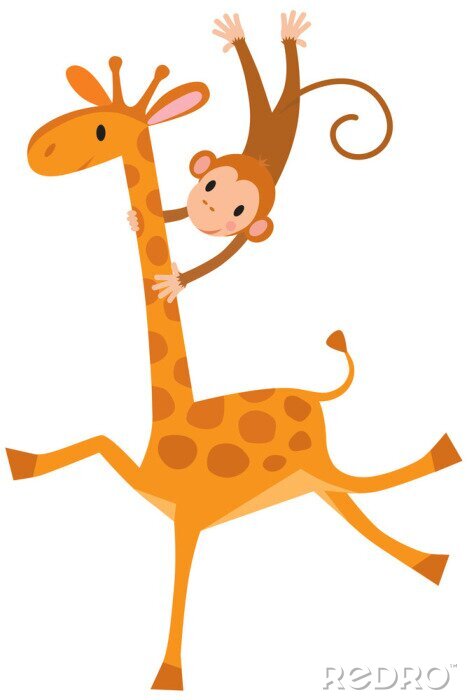 Sticker  Girafe drôle avec le singe