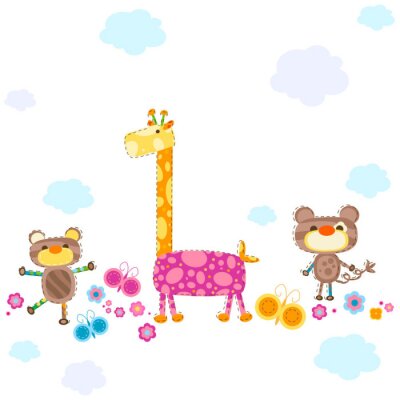 Girafe et singes illustration pour enfants multicolores