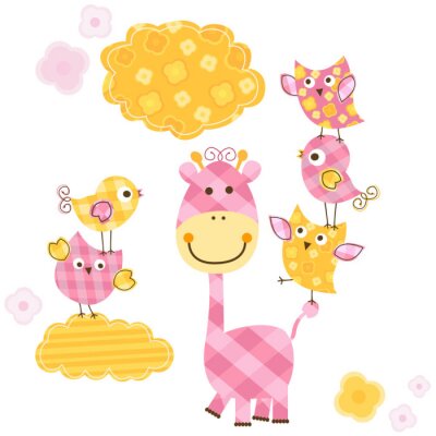 Sticker  Girafe rose avec des oiseaux sur la queue