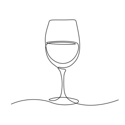 Sticker  Glass of wine in continuous line art drawing style. Minimalist black line sketch on white background. Vector illustration