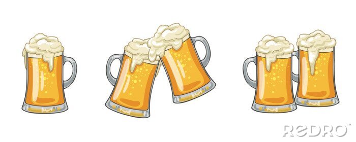 Sticker  Glass or ceramic mugs filled of golden light beer with overflowing froth heads. Isolated on white background, for brewery emblem or beer party design