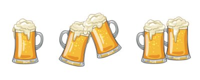 Sticker  Glass or ceramic mugs filled of golden light beer with overflowing froth heads. Isolated on white background, for brewery emblem or beer party design