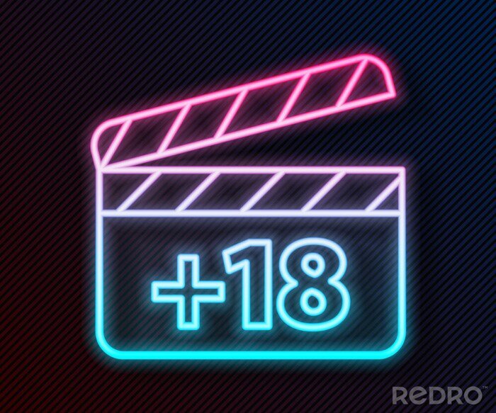 Sticker  Glowing neon line Movie clapper with 18 plus content icon isolated on black background. Age restriction symbol. Adult channel. Vector Illustration