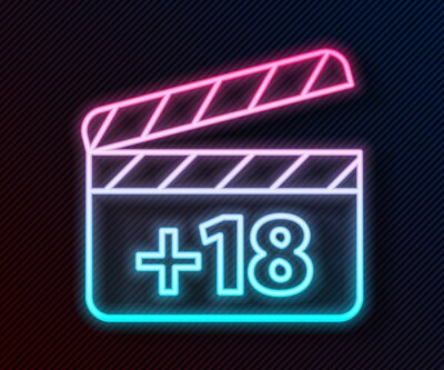 Sticker  Glowing neon line Movie clapper with 18 plus content icon isolated on black background. Age restriction symbol. Adult channel. Vector Illustration