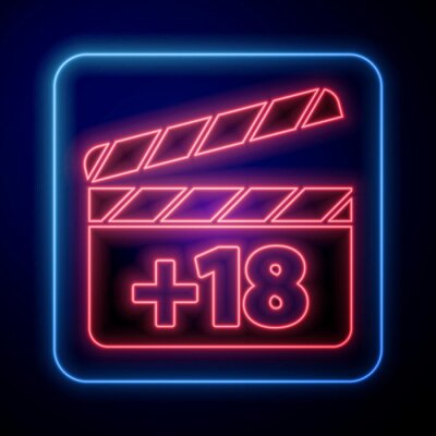 Sticker  Glowing neon Movie clapper with 18 plus content icon isolated on blue background. Age restriction symbol. Adult channel. Vector Illustration