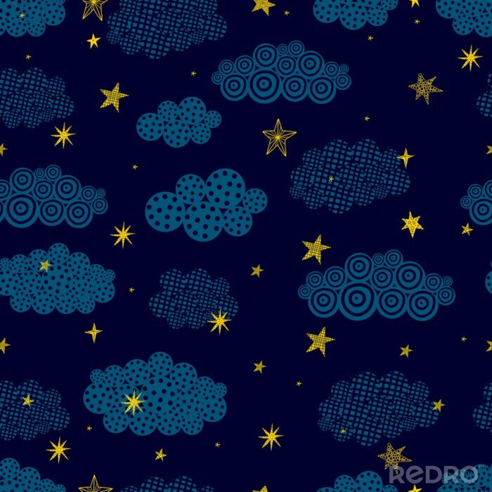 Sticker  Gold stars and black clouds.. Seamless vector pattern. Seamless pattern can be used for wallpaper, pattern fills, web page background, surface textures.