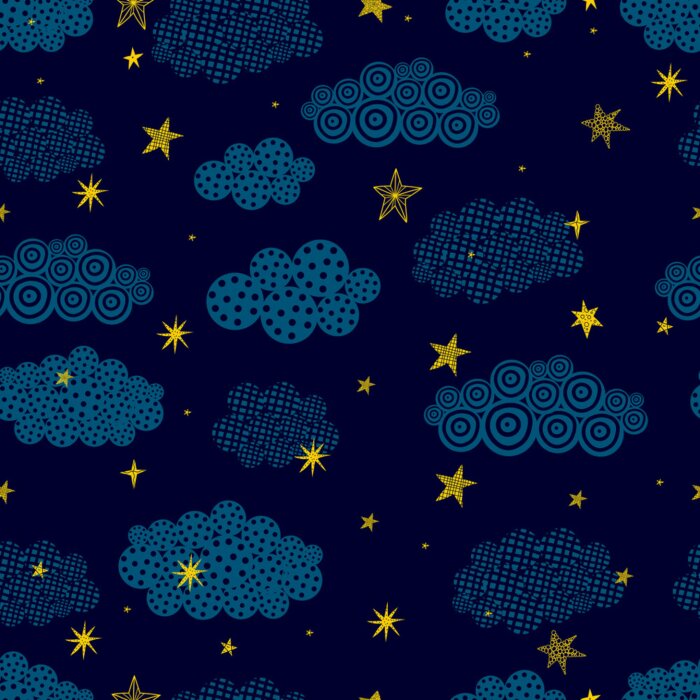 Sticker  Gold stars and black clouds.. Seamless vector pattern. Seamless pattern can be used for wallpaper, pattern fills, web page background, surface textures.