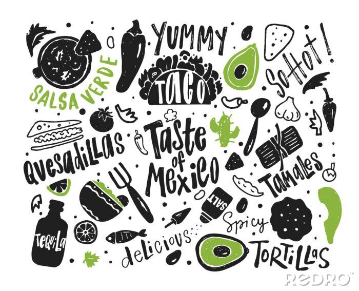 Sticker  Goût du Mexique. Illustration dessinée à la main et inscription avec différents plats mexicains