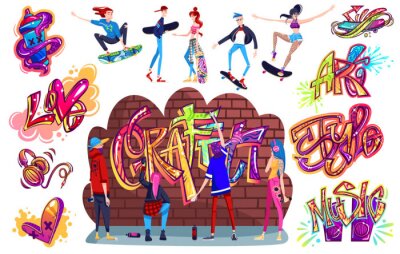 Sticker  Graffiti street art culture, young people cartoon characters paint on brick wall, vector illustration. Teenagers skating, boys and girls urban lifestyle. Isolated graffiti lettering, set of stickers