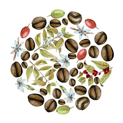 Sticker  Grains de café et fleurs blanches