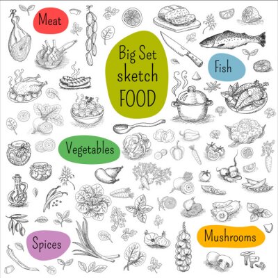Sticker  Grand ensemble de croquis dessiné Food, fond blanc. Viande, poisson, légumes, champignons, épices. Main, dessiné, vecteur, Illustration