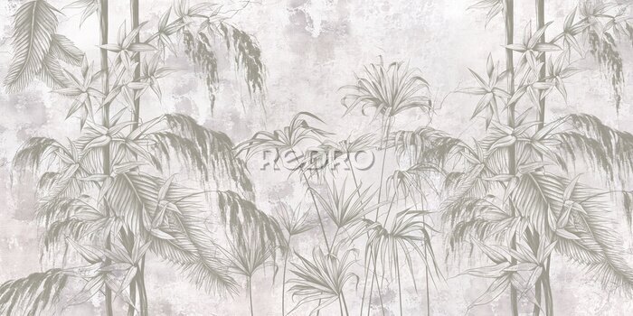 Sticker  Graphic exotic flowers on the concrete grunge wall. Designed for photo wallpaper, wallpaper, mural design in the loft, classic, modern style. Tropical brunches. 