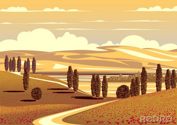 Sticker  Graphique avec prairies et collines de Toscane