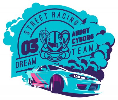 Sticker  Graphique de course bleu avec voiture de sport