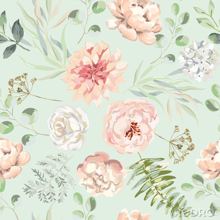 Sticker  Graphique de roses et de feuilles de pivoines roses