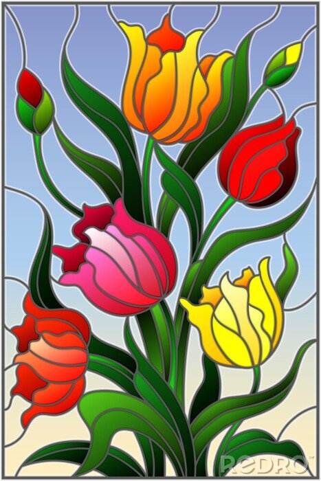Sticker  Graphiques avec des fleurs imitant le vitrail