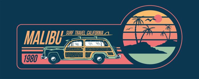 Sticker  Graphiques de vacances avec coucher de soleil