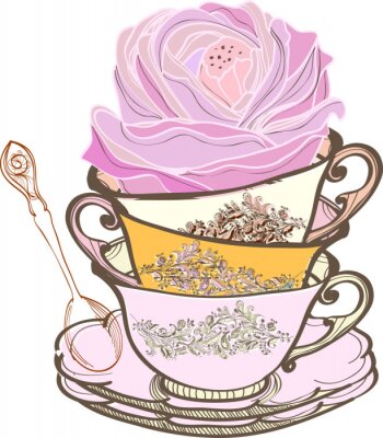 Graphisme avec vaisselle en porcelaine décorée de fleurs