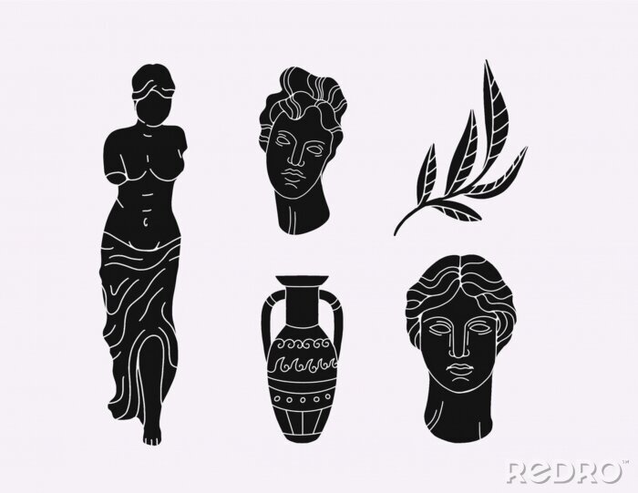 Sticker  Greek marble statues aesthetic vector hand drawn illustration set. sculptures of human body and architectural elements. greek gods and mythology, ancient greece graphic design elements.