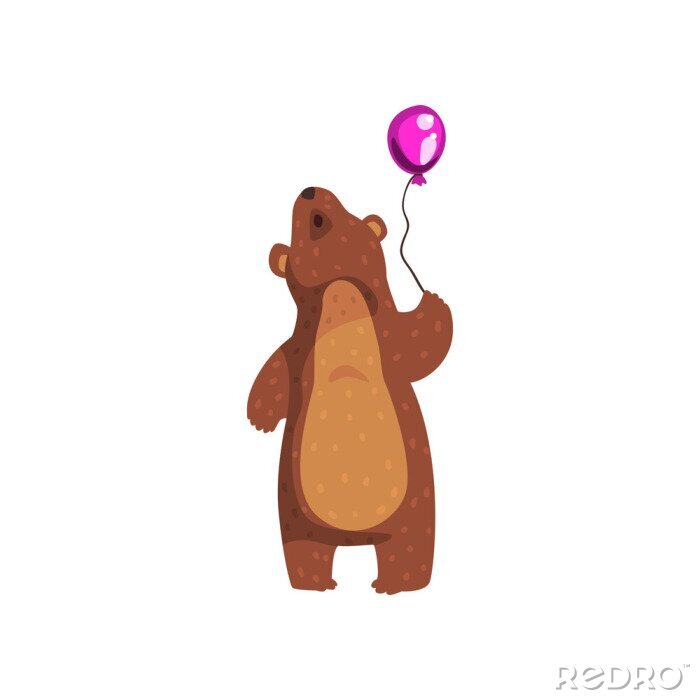 Sticker  Grizzly debout avec ballon brillant violet et en levant. Animal sauvage de dessin animé avec de la fourrure brune et de petites oreilles. Vecteur plat pour livre, autocollant, carte postale ou affiche