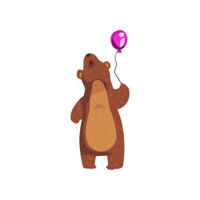 Sticker  Grizzly debout avec ballon brillant violet et en levant. Animal sauvage de dessin animé avec de la fourrure brune et de petites oreilles. Vecteur plat pour livre, autocollant, carte postale ou affiche