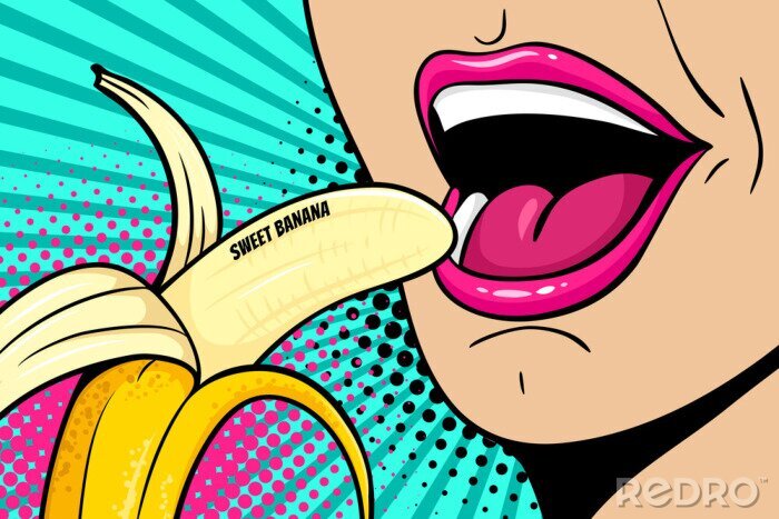 Sticker  Gros plan de la bouche de femme ouverte sexy manger banane avec lettrage de banane douce. Fond coloré de vecteur dans le style rétro pop art comique.