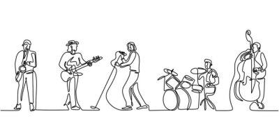 Sticker  Group band music performance. Continuous one line drawing. Single hand drawn sketch minimalism. People with classical music instruments. Jazz and soul with singer.