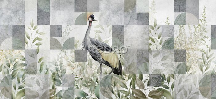 Sticker  Grue Parmi les Feuilles sur un Fond Géométrique