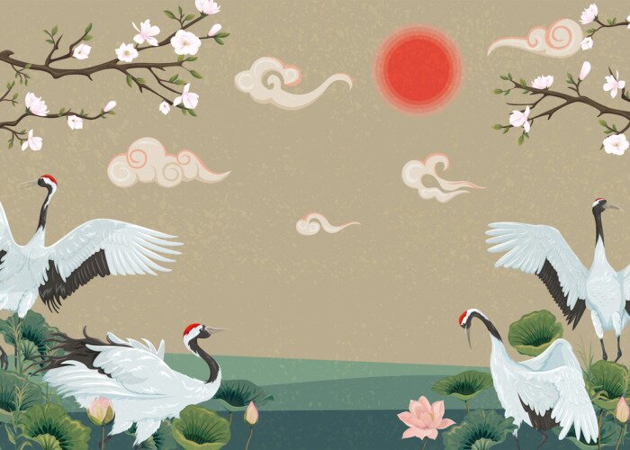 Sticker  Grues dans une illustration orientale