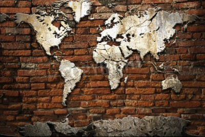 Sticker  Grunge concrete world map on old brick wall